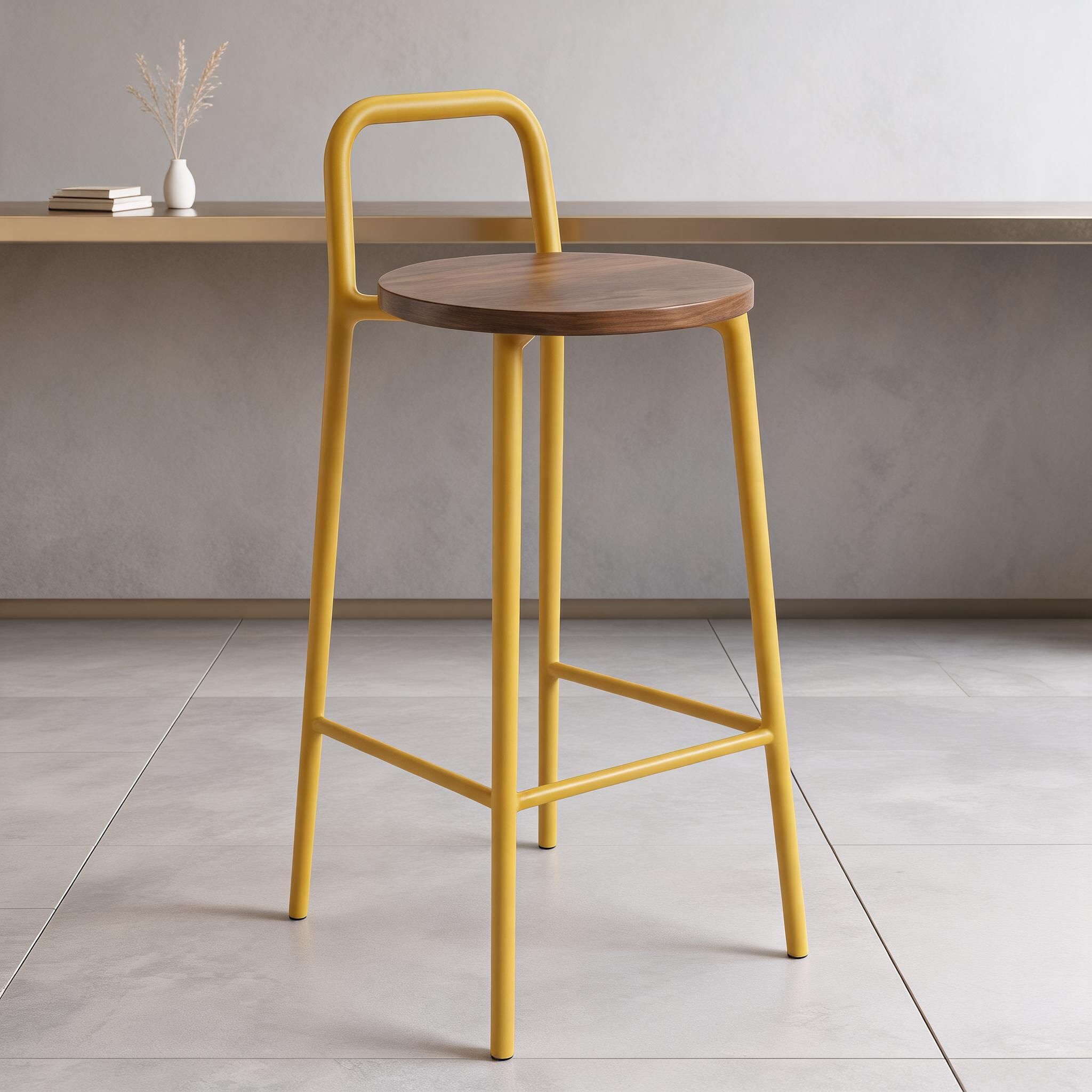 Modern round wood seat bar stool with metal frame, fixed backrest, and multiple seat height and color options for kitchen island, counter, or bar seating