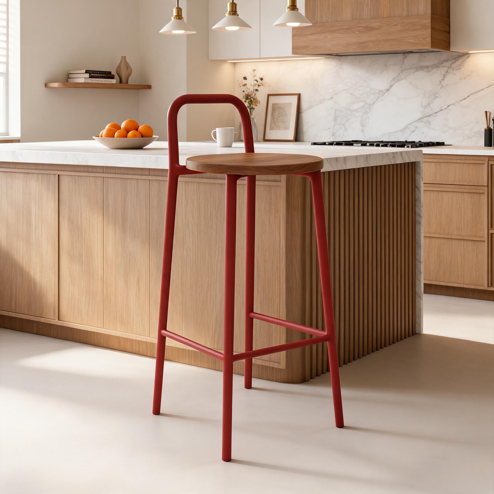 Modern round wood seat bar stool with metal frame, fixed backrest, and multiple seat height and color options for kitchen island, counter, or bar seating