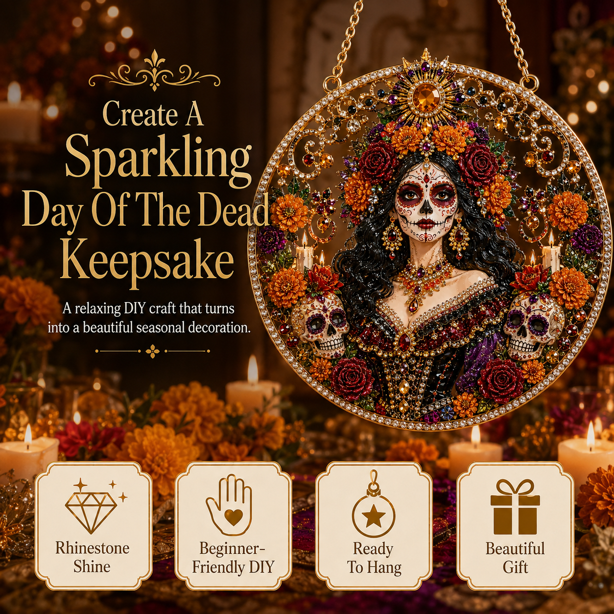 Día de los Muertos Jeweled Hanging Ornament – Sugar Skull & Marigold Memorial Decoration