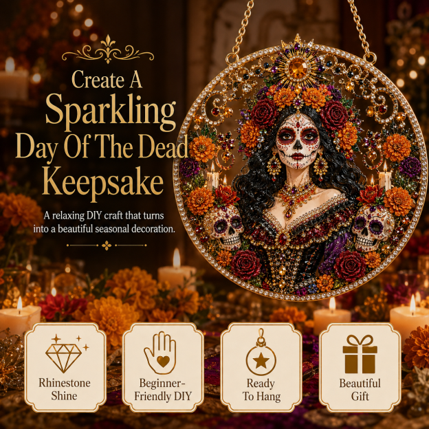 Día de los Muertos Jeweled Hanging Ornament – Sugar Skull & Marigold Memorial Decoration