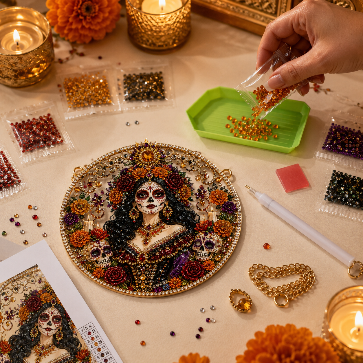 Día de los Muertos Jeweled Hanging Ornament – Sugar Skull & Marigold Memorial Decoration