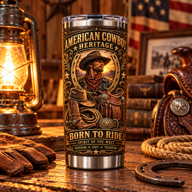 American Cowboy Heritage “Born to Ride” Western Insulated Travel Tumbler