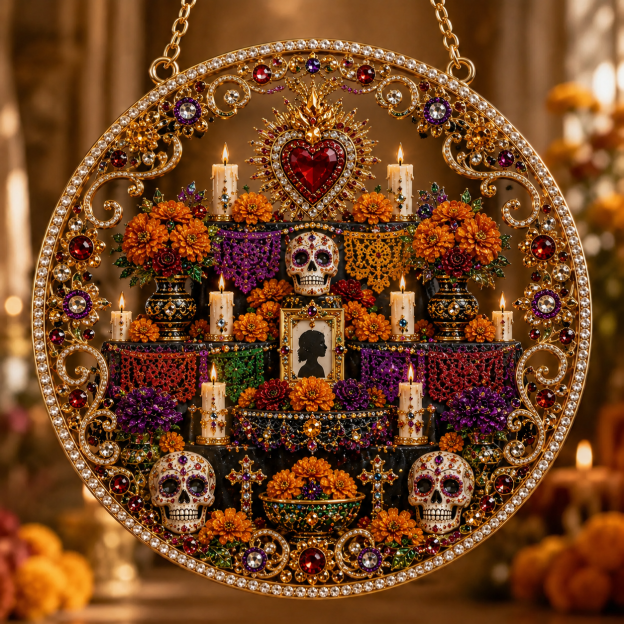 Día de los Muertos Jeweled Hanging Ornament – Sugar Skull & Marigold Memorial Decoration
