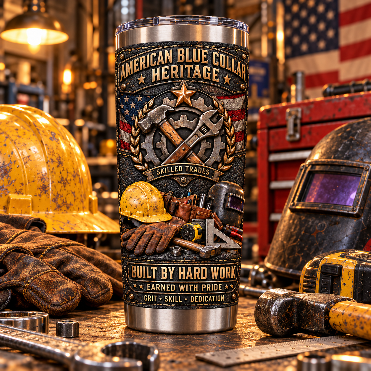 American Blue Collar Heritage “Built by Hard Work” Insulated Travel Tumbler