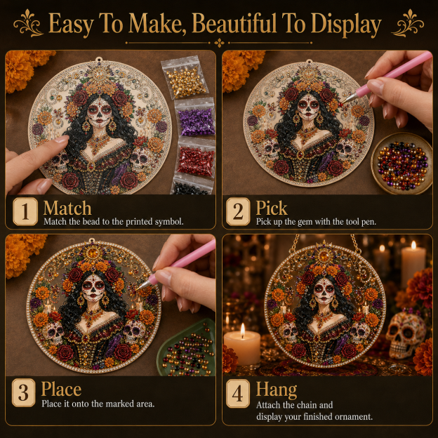 Día de los Muertos Jeweled Hanging Ornament – Sugar Skull & Marigold Memorial Decoration