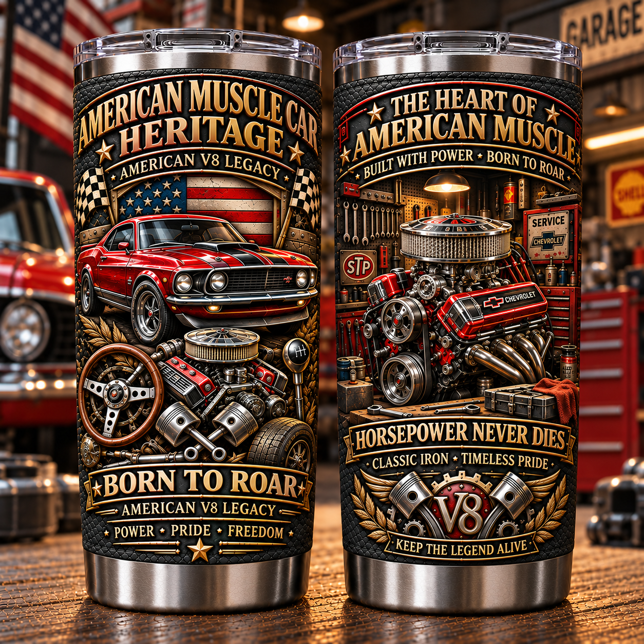 American Muscle Car Heritage “Born to Roar” V8 Insulated Travel Tumbler