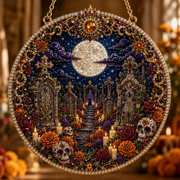 Día de los Muertos Jeweled Hanging Ornament – Sugar Skull & Marigold Memorial Decoration