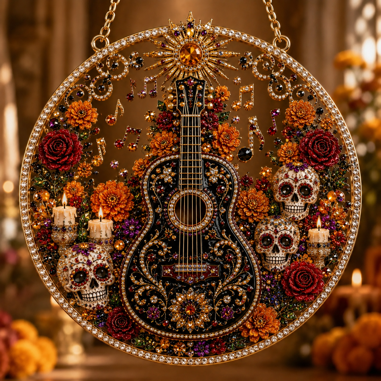 Día de los Muertos Jeweled Hanging Ornament – Sugar Skull & Marigold Memorial Decoration