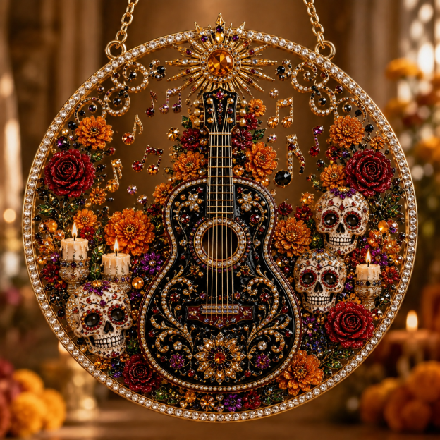 Día de los Muertos Jeweled Hanging Ornament – Sugar Skull & Marigold Memorial Decoration