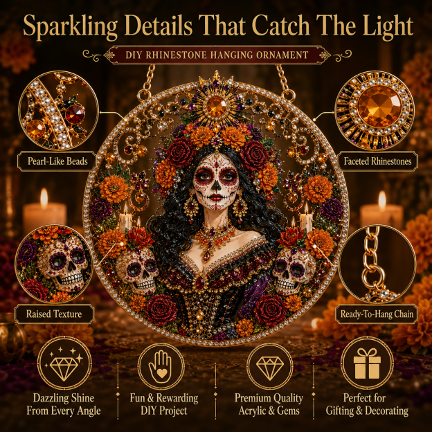 Día de los Muertos Jeweled Hanging Ornament – Sugar Skull & Marigold Memorial Decoration