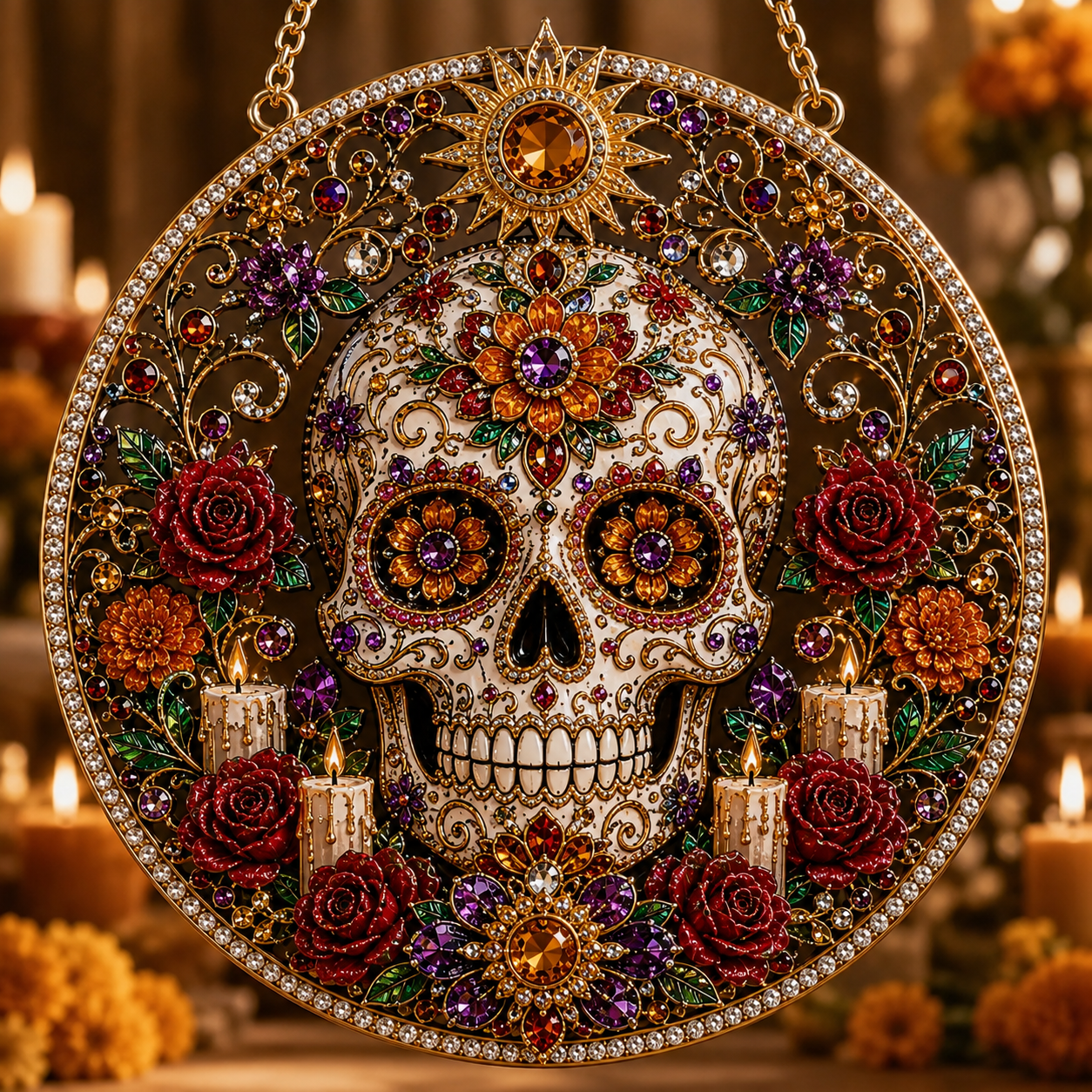 Día de los Muertos Jeweled Hanging Ornament – Sugar Skull & Marigold Memorial Decoration