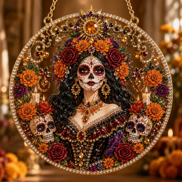 Día de los Muertos Jeweled Hanging Ornament – Sugar Skull & Marigold Memorial Decoration