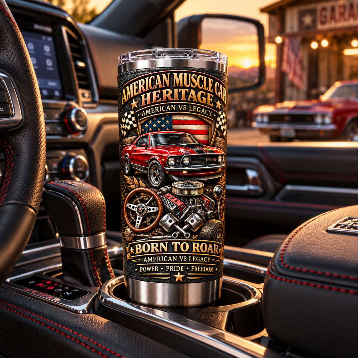 American Muscle Car Heritage “Born to Roar” V8 Insulated Travel Tumbler
