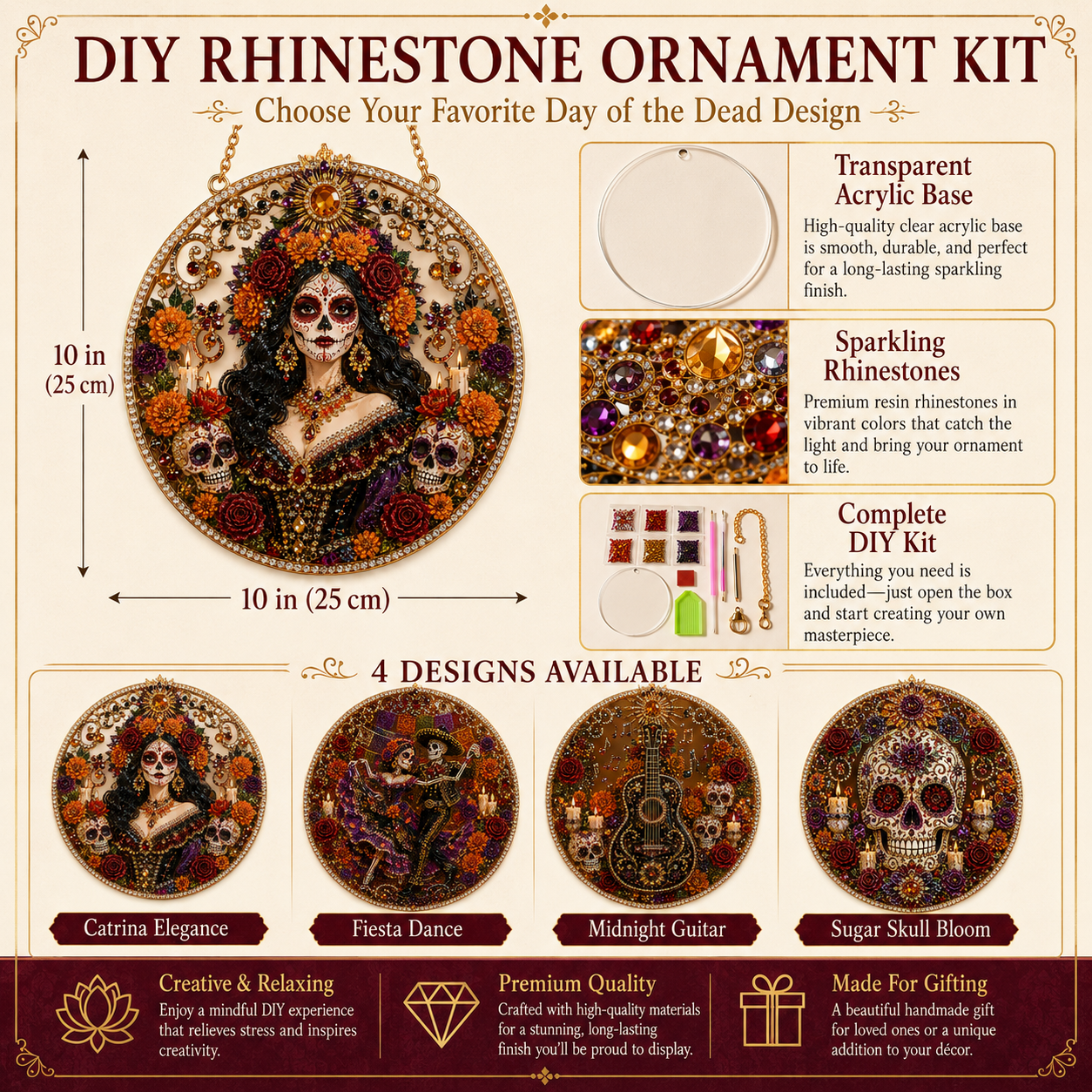 Día de los Muertos Jeweled Hanging Ornament – Sugar Skull & Marigold Memorial Decoration