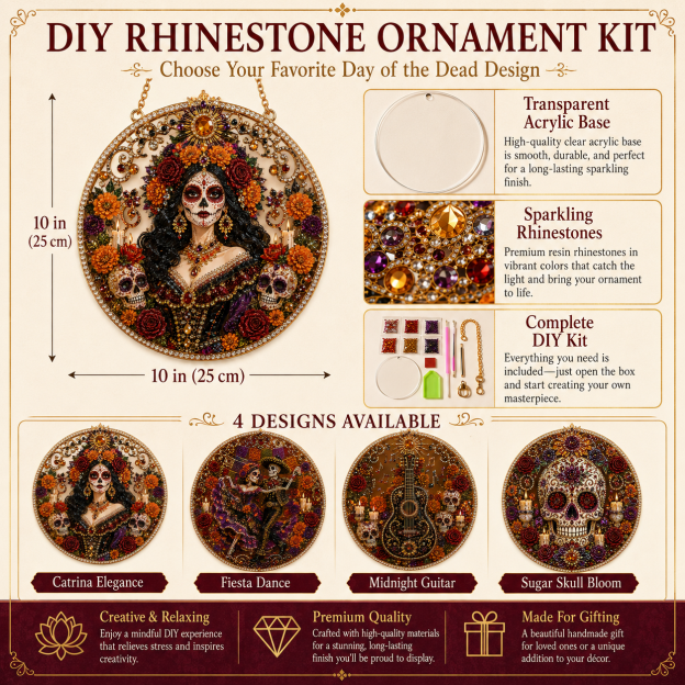 Día de los Muertos Jeweled Hanging Ornament – Sugar Skull & Marigold Memorial Decoration