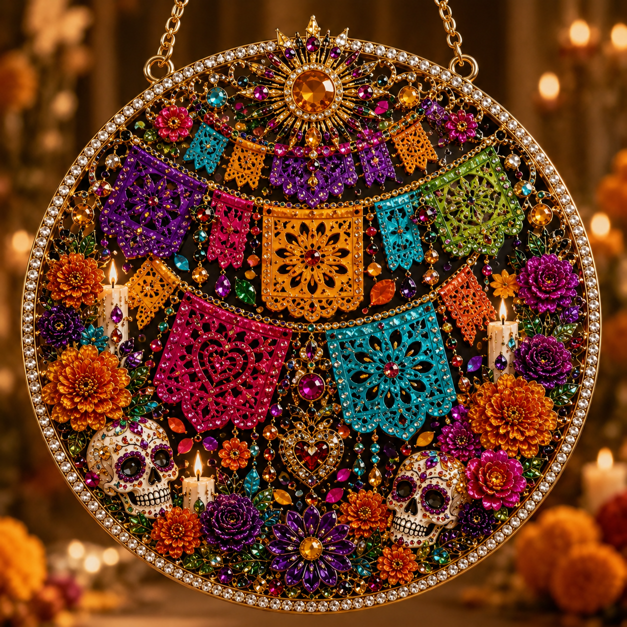 Día de los Muertos Jeweled Hanging Ornament – Sugar Skull & Marigold Memorial Decoration