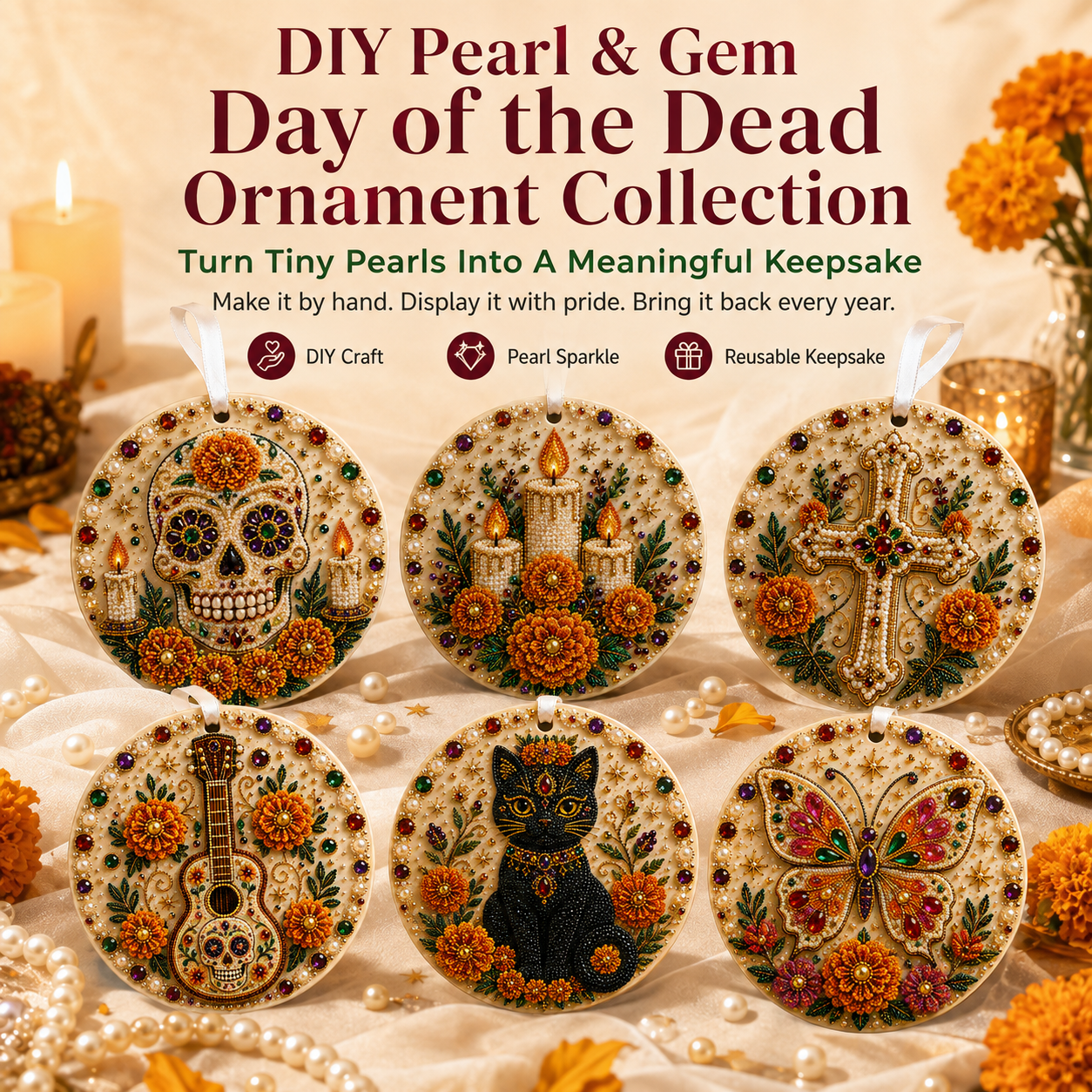 🌼💀 DIY Pearl & Gem Day of the Dead Ornament Collection
