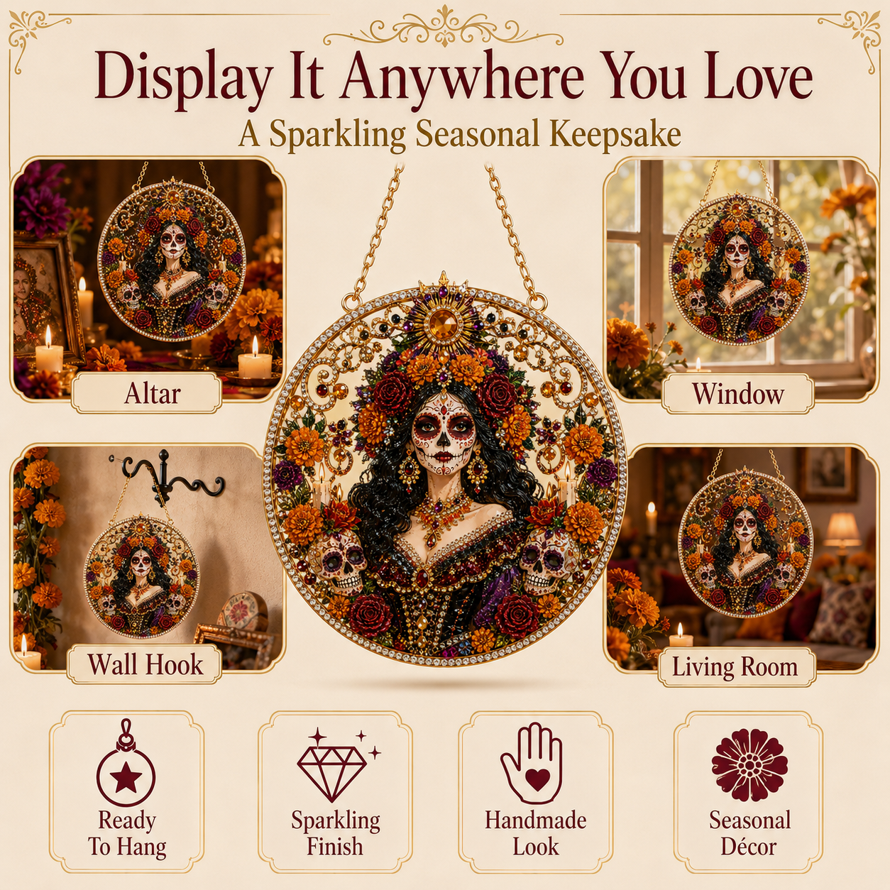 Día de los Muertos Jeweled Hanging Ornament – Sugar Skull & Marigold Memorial Decoration