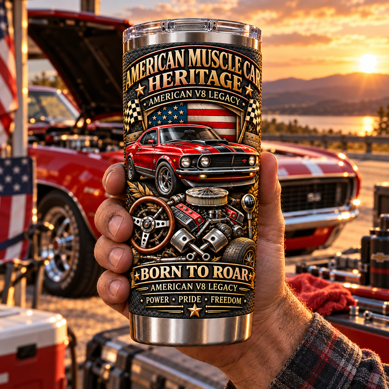 American Muscle Car Heritage “Born to Roar” V8 Insulated Travel Tumbler