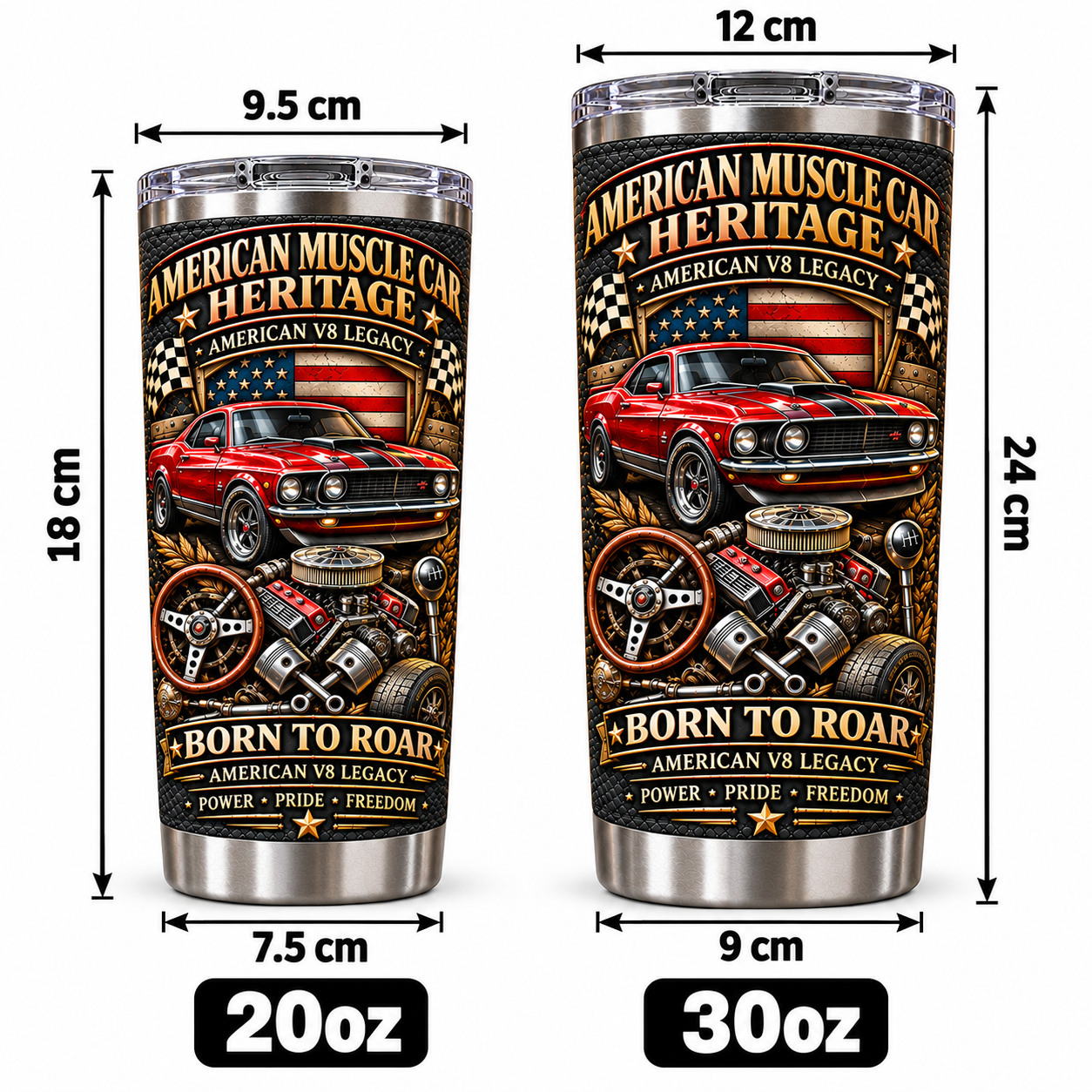 American Muscle Car Heritage “Born to Roar” V8 Insulated Travel Tumbler