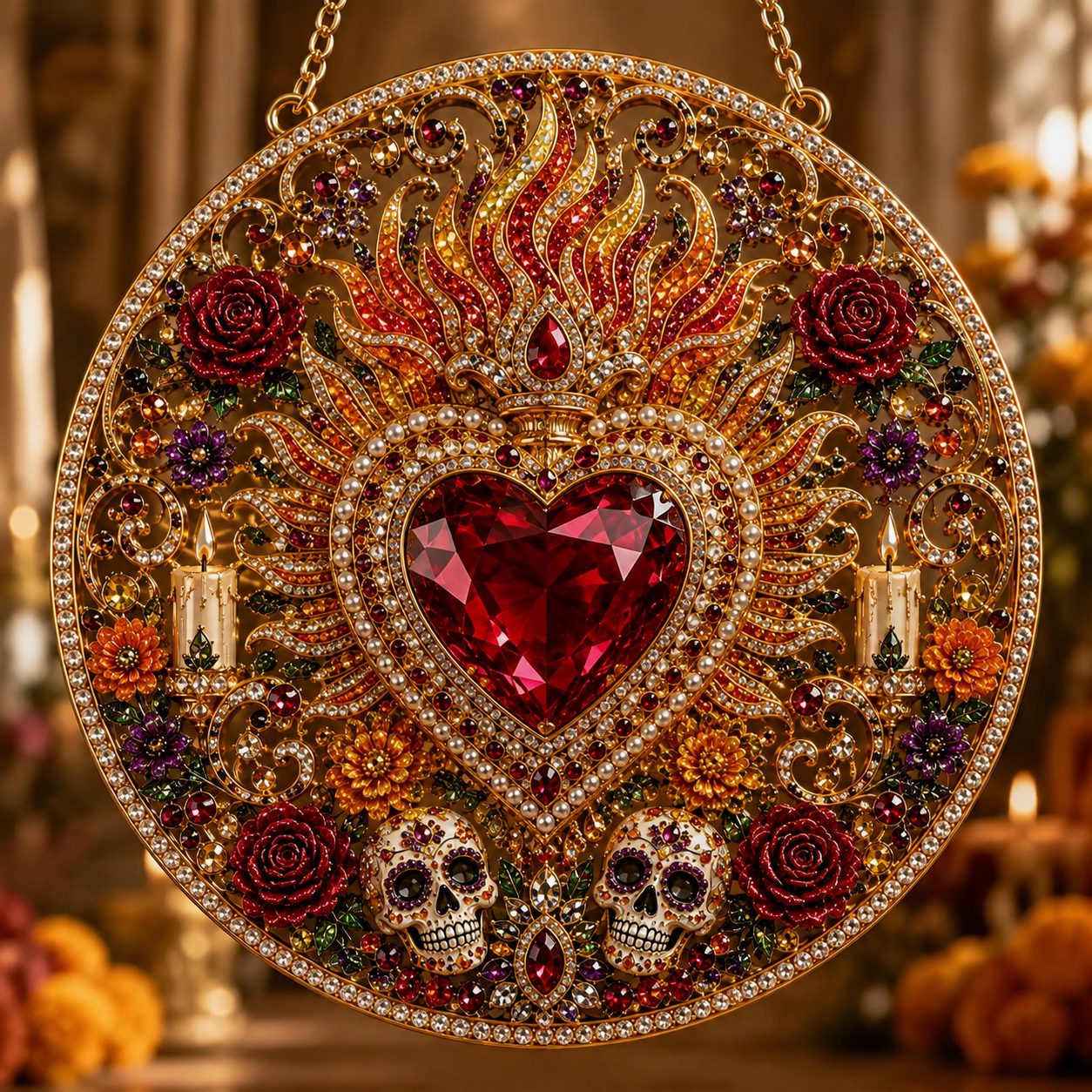 Día de los Muertos Jeweled Hanging Ornament – Sugar Skull & Marigold Memorial Decoration