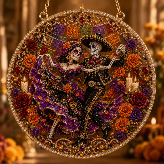 Día de los Muertos Jeweled Hanging Ornament – Sugar Skull & Marigold Memorial Decoration
