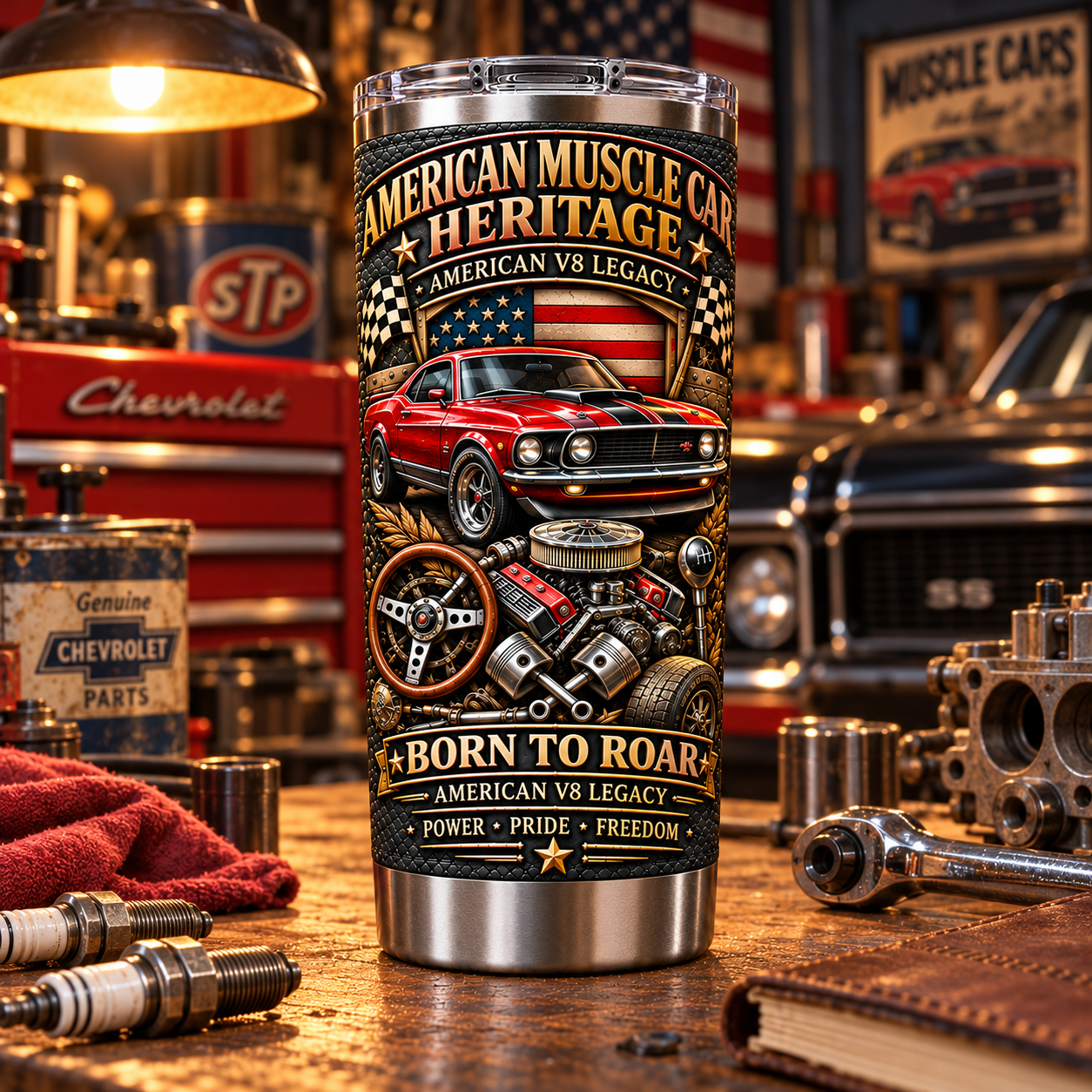 American Muscle Car Heritage “Born to Roar” V8 Insulated Travel Tumbler