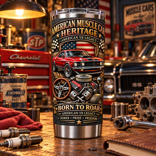 American Muscle Car Heritage “Born to Roar” V8 Insulated Travel Tumbler
