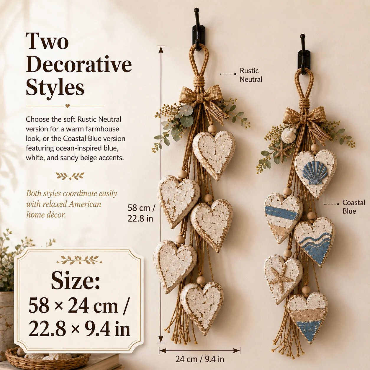 Rustic Neutral and Coastal Blue hanging heart styles side by side with 58 x 24 cm size chart