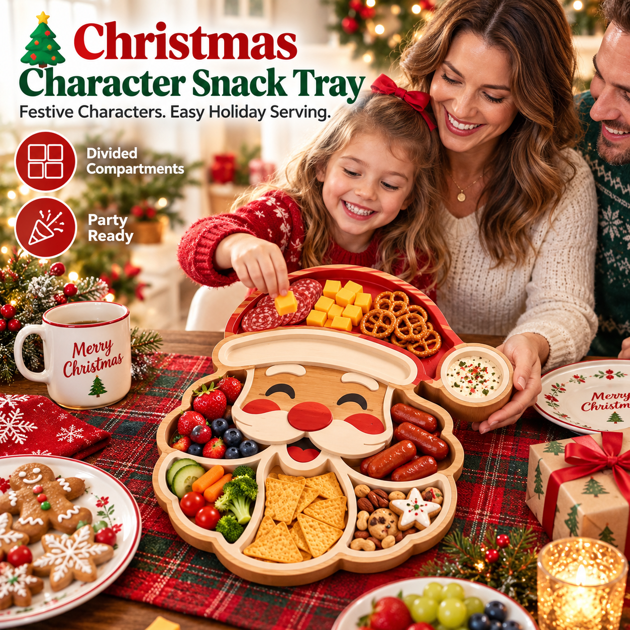 🎄 Christmas Character Snack Tray – 6 Compartments, Fun Holiday Shapes