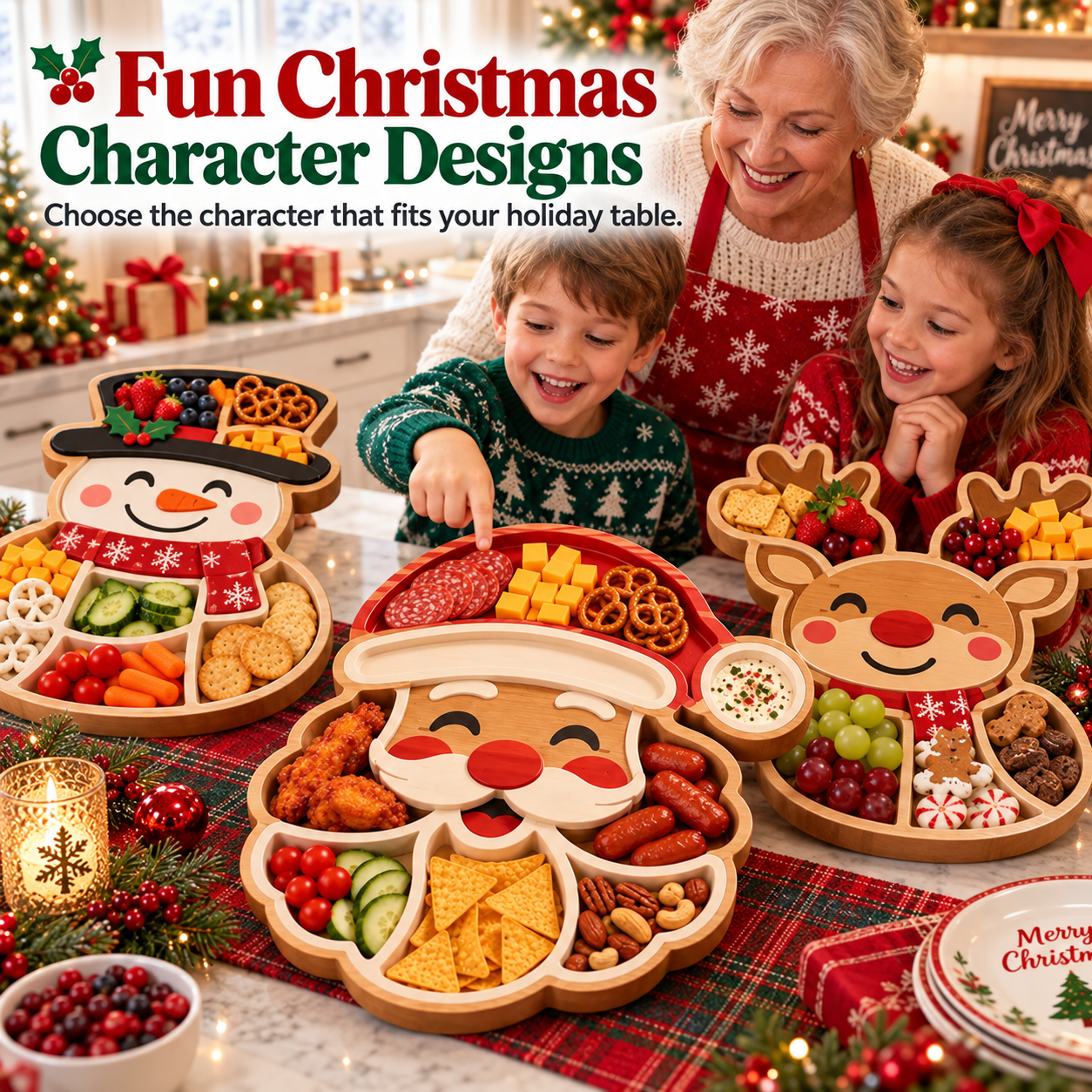 🎄 Christmas Character Snack Tray – 6 Compartments, Fun Holiday Shapes