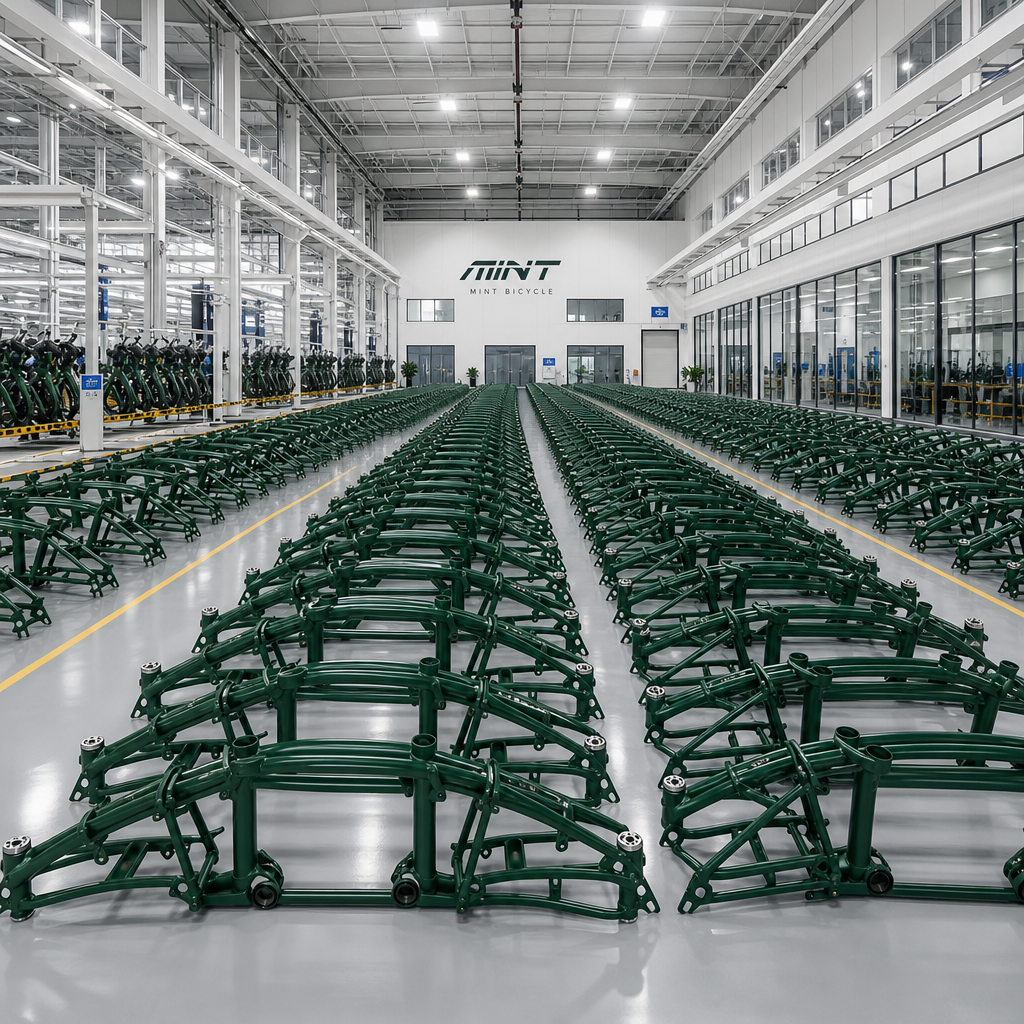 Massive production scale showing neat rows of bicycle frames in a clean, modern high-tech manufacturing facility.