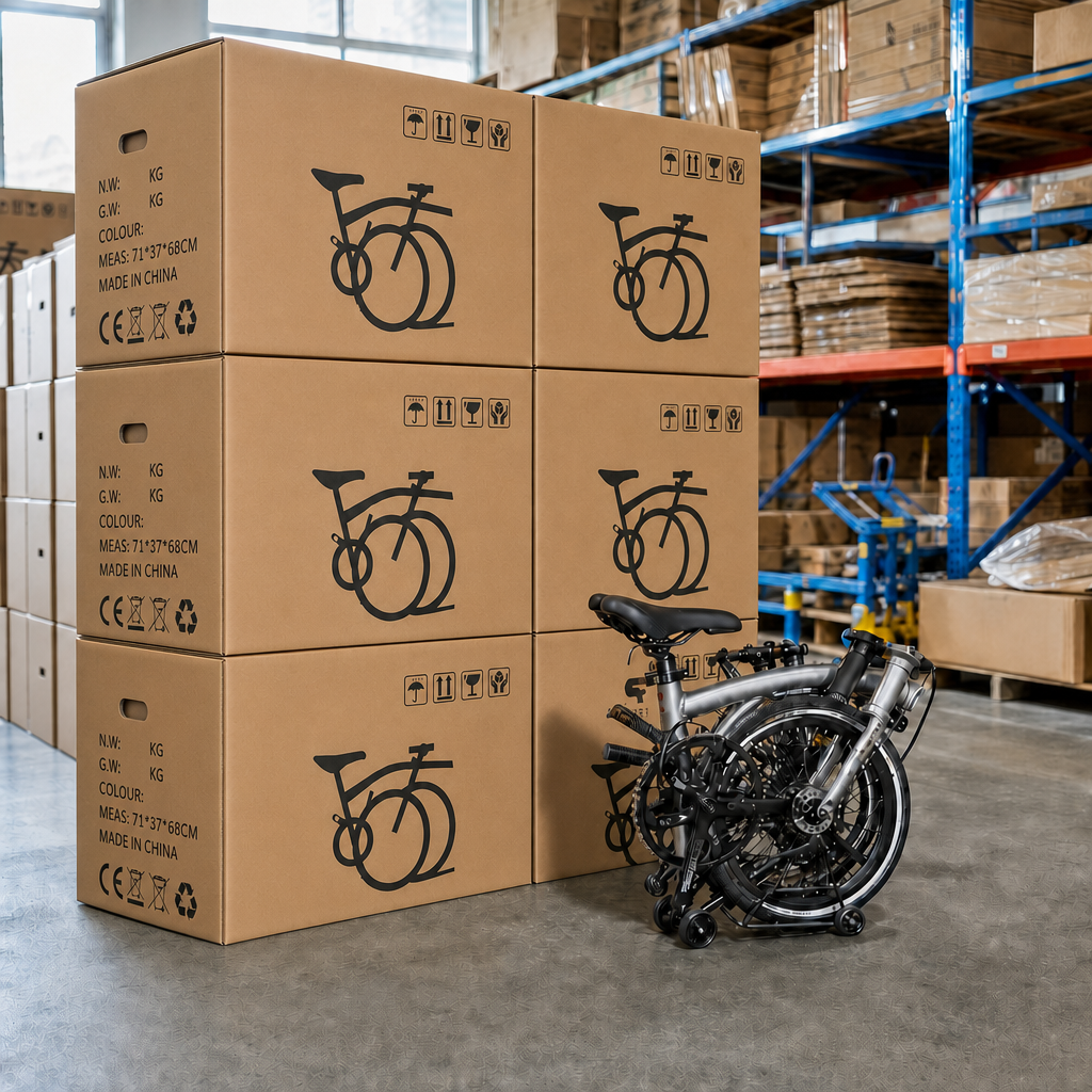 Realistic warehouse scene showing branded export cartons with detailed icons and a silver CRANSTON folding bike.