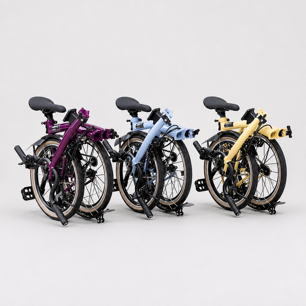 Professional studio lineup of three folding bicycles in purple, blue, and yellow, showcasing product variety.