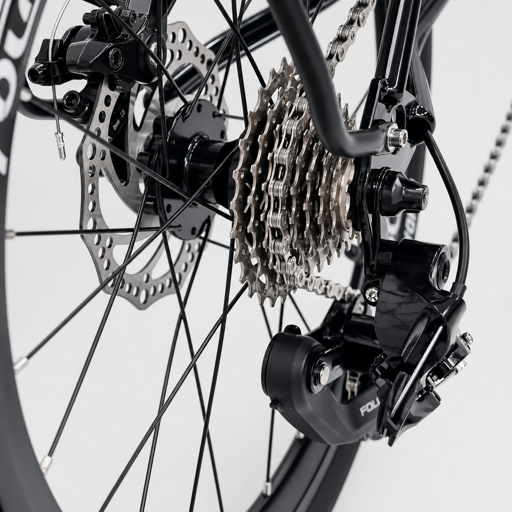 Macro studio photograph of high-precision bicycle rear derailleur and gears, showing premium engineering quality.