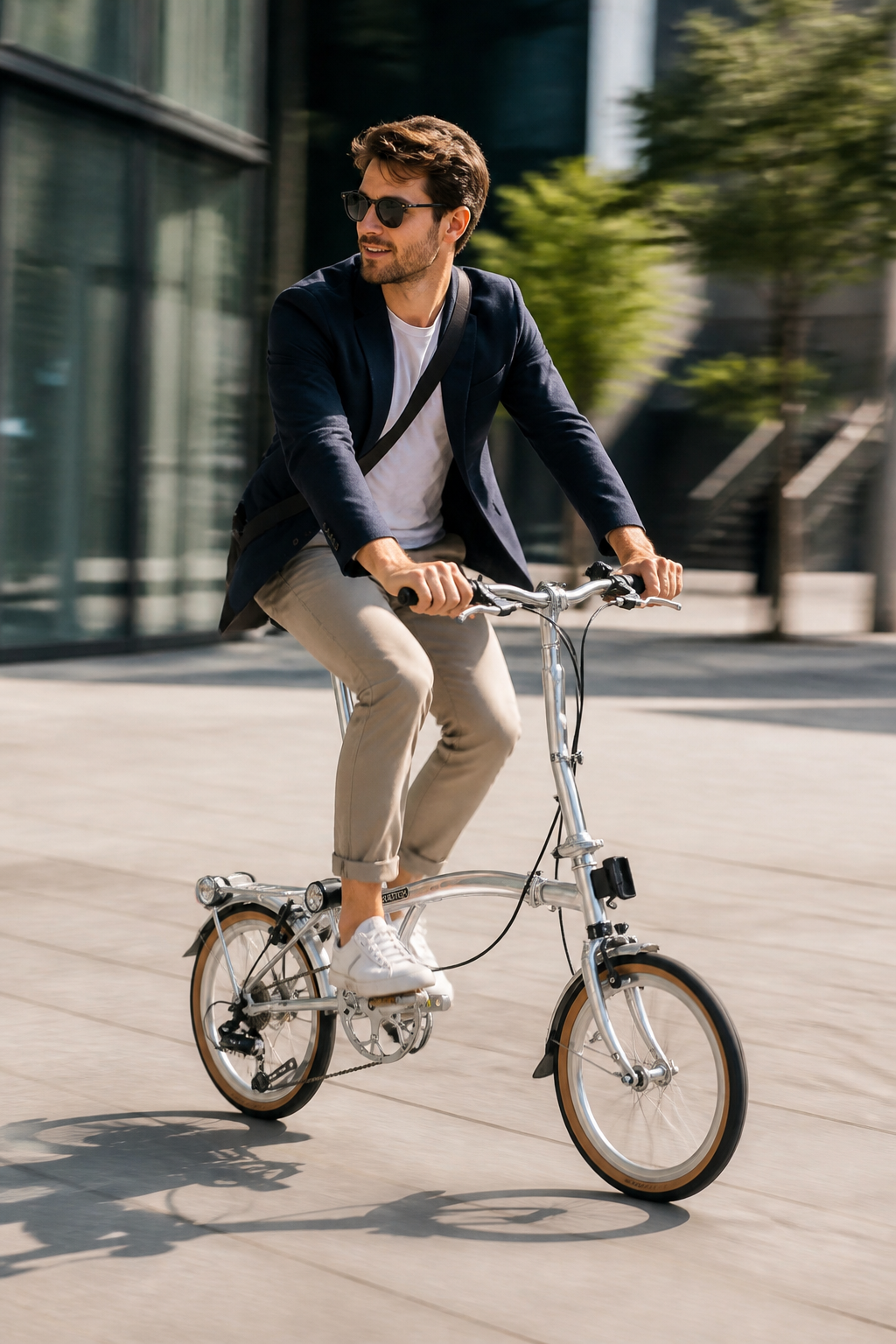 Stylish male commuter riding a silver CRANSTON folding bike on a sunlit city street.