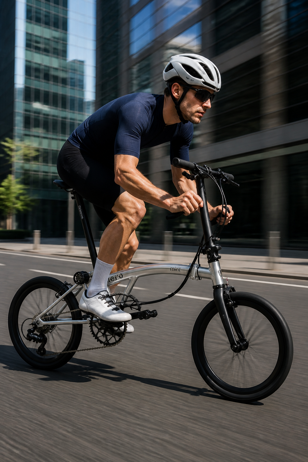 Professional cyclist in action with a silver Aero performance folding bike on an urban road.