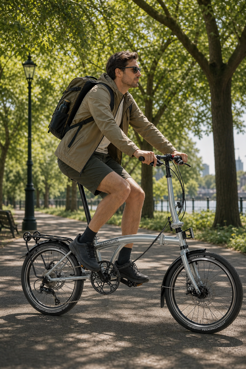 Western traveler riding a silver CRANSTON all-road folding bike on a scenic nature trail.