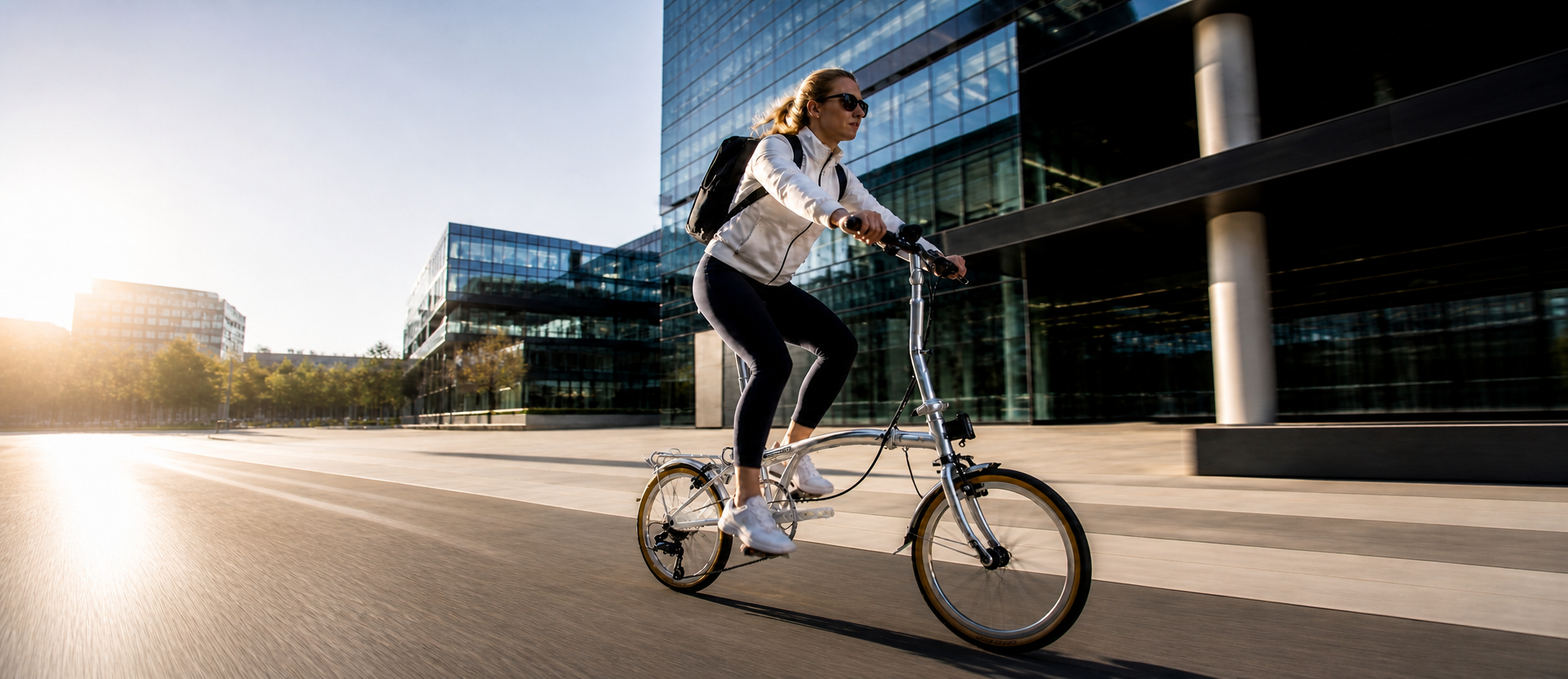 Energetic female commuter riding a silver CRANSTON bike through a modern business district with motion blur.