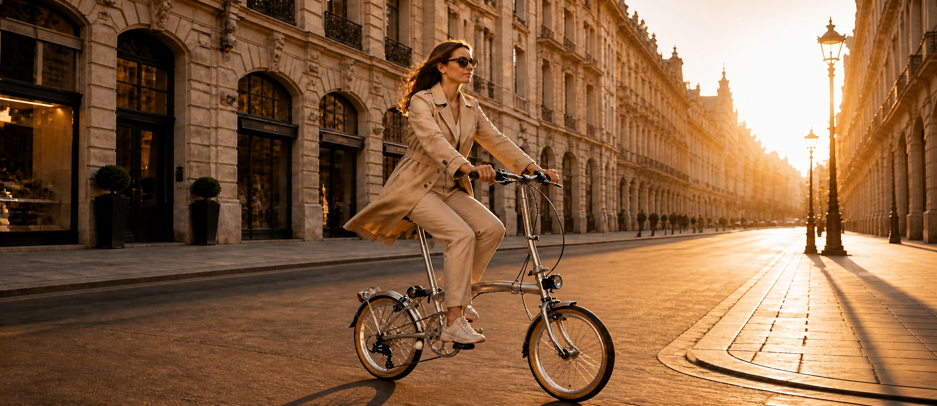 Sophisticated western woman riding a silver CRANSTON folding bike on an elegant city street during golden hour.