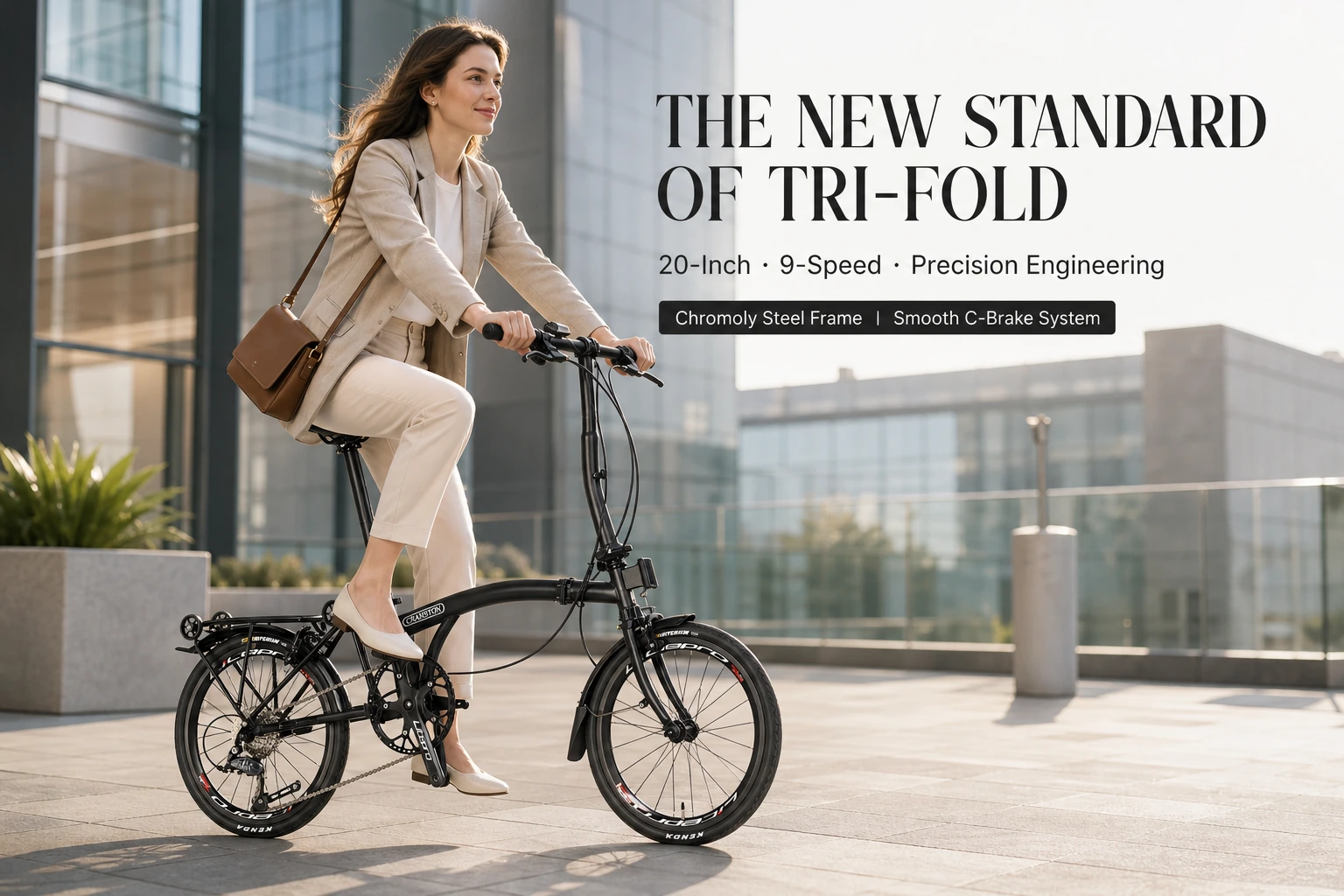 Rider on a CRANSTON R20 folding bike in a modern city plaza