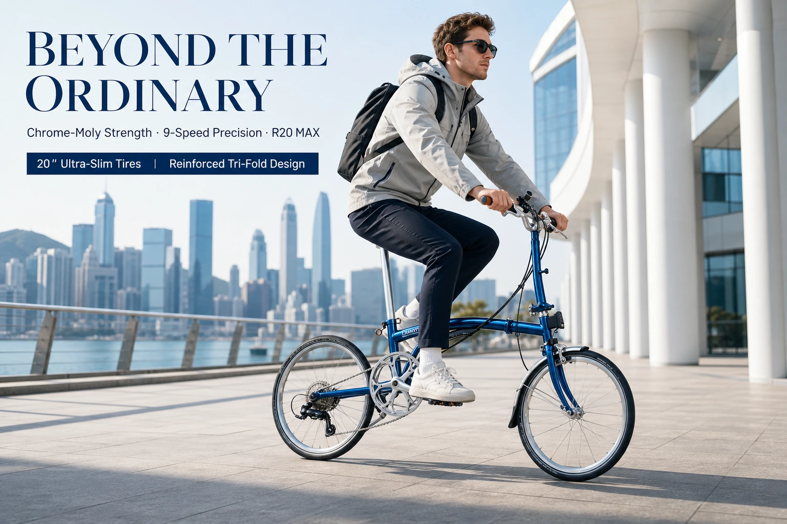 Rider on a CRANSTON R20 Max 20-inch folding bike along a city waterfront
