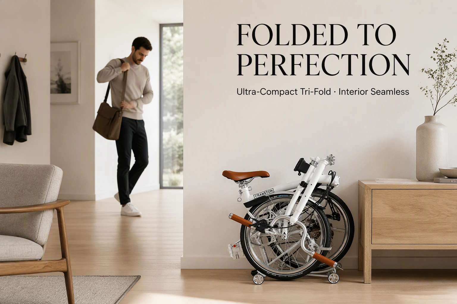 Folded CRANSTON R20 Max resting on its easy wheels in a living room