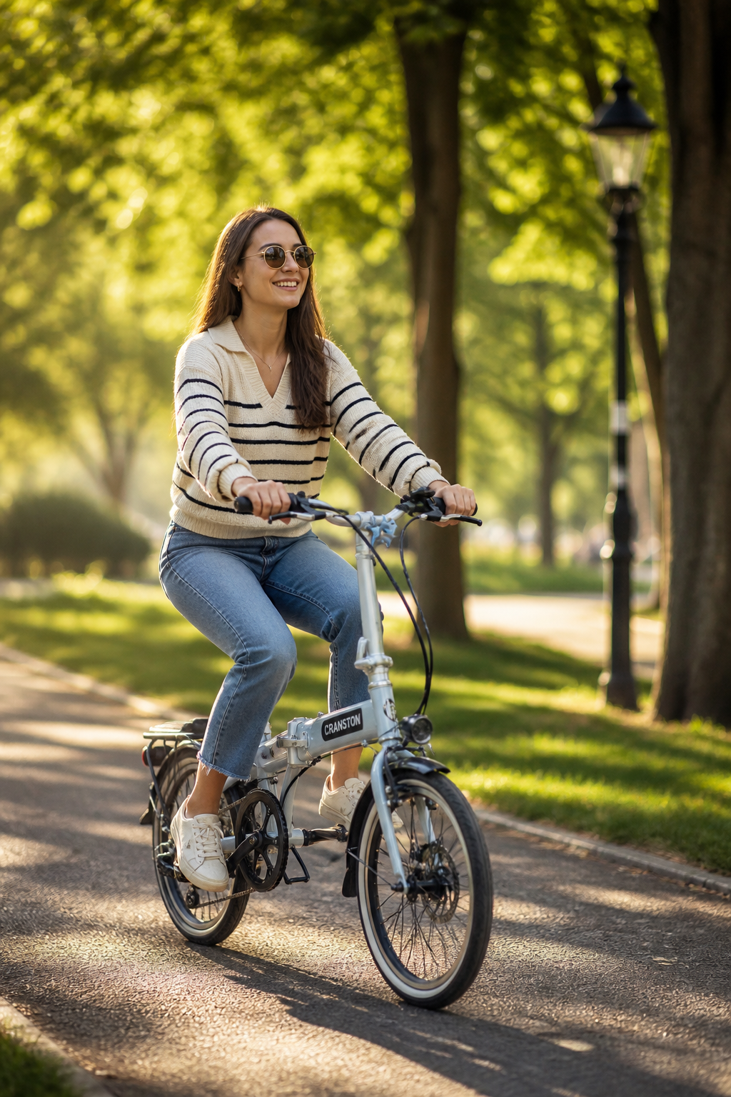 A happy western woman riding a silver CRANSTON folding bike through a sunlit green park, symbolizing reliability