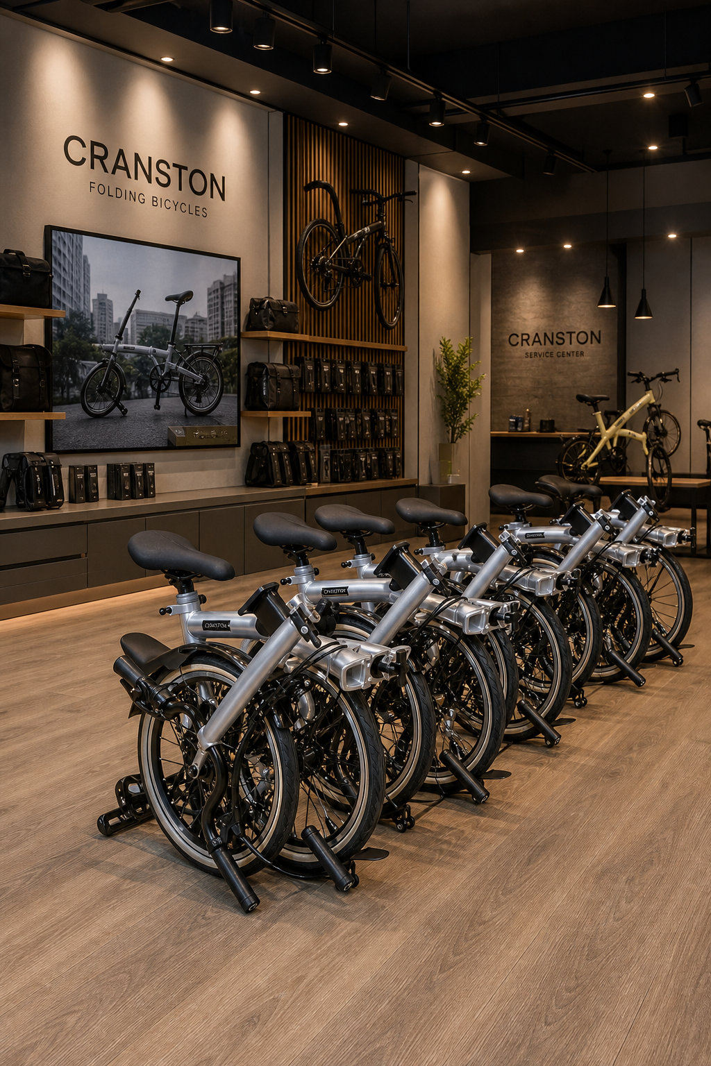 Premium bicycle showroom interior with rows of silver CRANSTON folding bikes for global service support