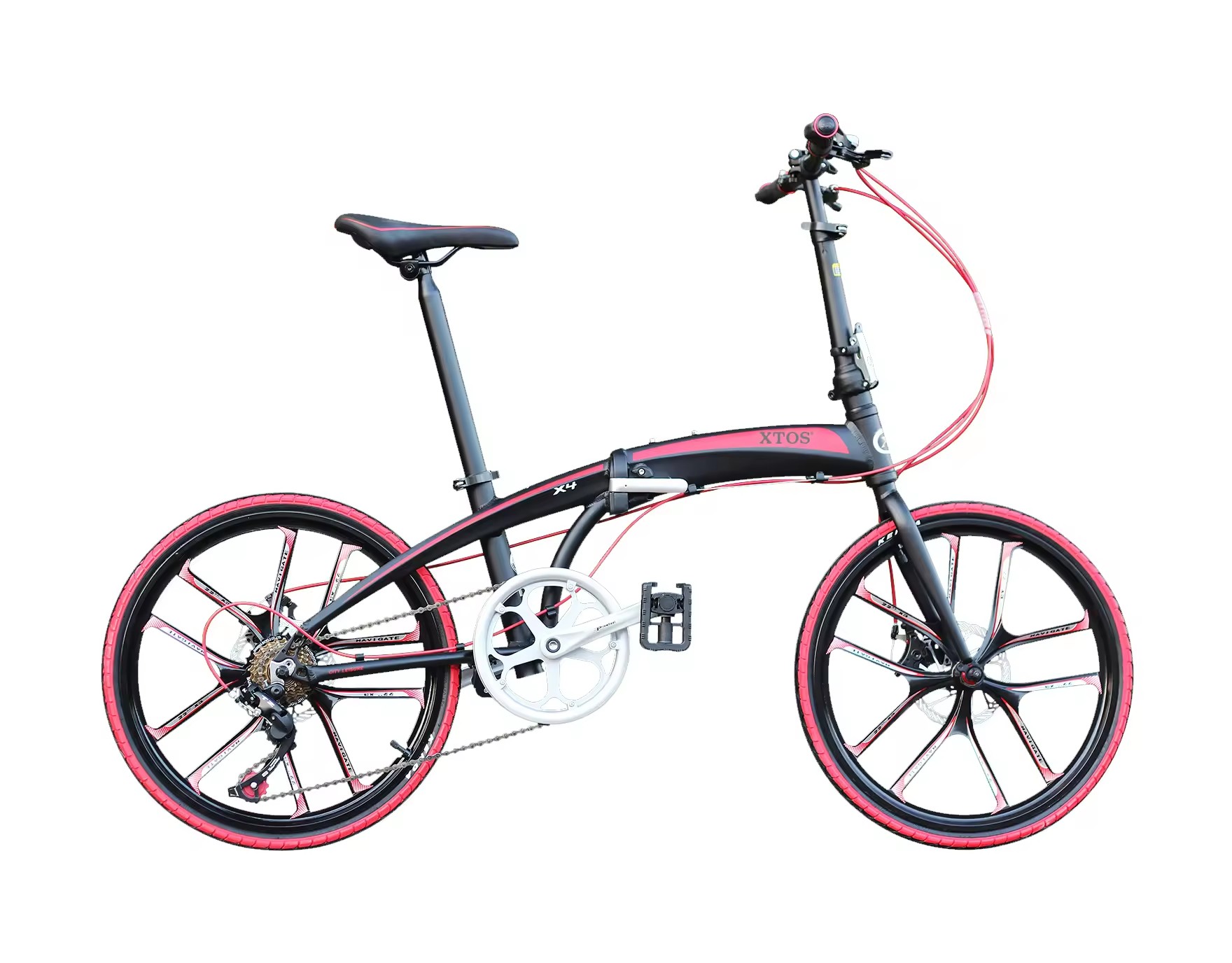 XTOS X4 black and red folding bike with high-performance integrated tri-spoke wheels for agile urban commuting.