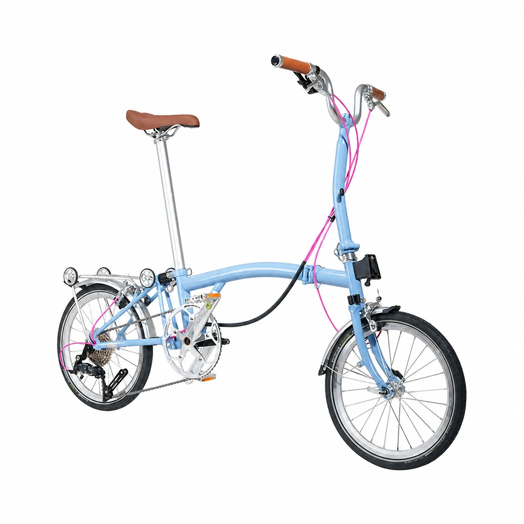 CRANSTON R9 Max 16-inch 9-speed chromoly steel tri-folding bike in light blue, studio side profile.