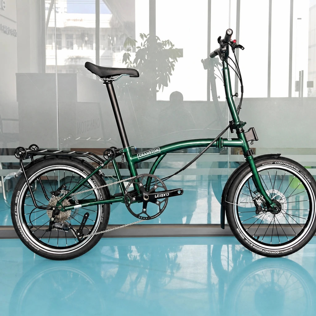 CRANSTON D10 20-inch 9-speed hydraulic disc brake tri-folding bike in Postal Green.