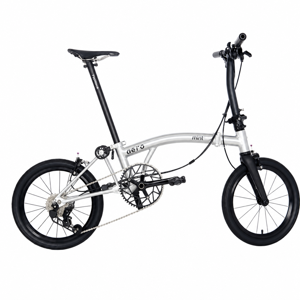 MINT aero silver brushed folding bicycle featuring a lightweight minimalist frame and 16-inch wheels for city travel.