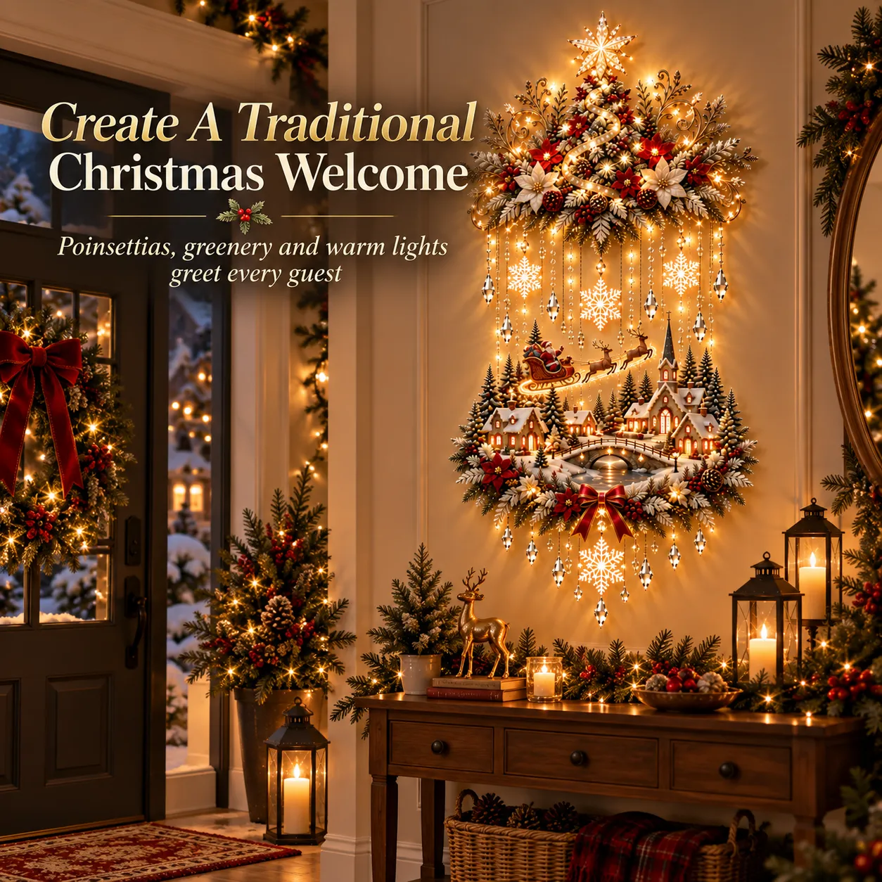 Star-topped Christmas tree and village wall hanging styled above an entryway console